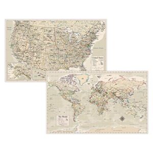 antique laminated world map & us map poster set - 18" x 29" - wall chart maps of the world & united states - made in the usa - (laminated, 18" x 29")