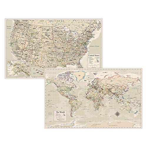 Antique Laminated World Map & US Map Poster Set - 18" x 29" - Wall Chart Maps of the World & United States - Made in the USA - (LAMINATED, 18" x 29")