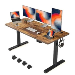 fezibo height adjustable electric standing desk, 55 x 24 inches stand up table, sit stand home office desk with splice board, black frame/rustic brown top