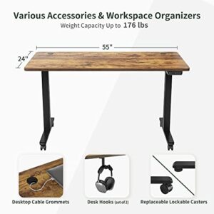 FEZIBO Height Adjustable Electric Standing Desk, 55 x 24 Inches Stand up Table, Sit Stand Home Office Desk with Splice Board, Black Frame/Rustic Brown Top