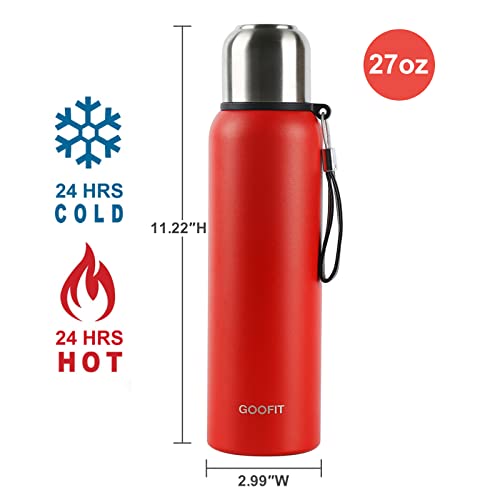 GOOFIT Insulated Thermos with Cup Outdoor Sports Stainless Steel Thermos Vacuum Sealed Coffee Bottle Travel Mug Thermos Flask BPA Free Keeps Cold 24H Hot 24H 27Oz Red