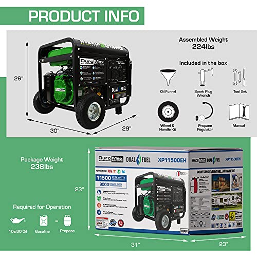 DuroMax XP11500EH Electric Start-Home Back Up & RV Ready, 50 State Approved Dual Fuel Portable Generator-11500 Watt Gas or Propane Powered, Green and Black