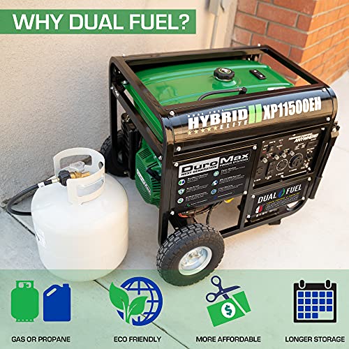 DuroMax XP11500EH Electric Start-Home Back Up & RV Ready, 50 State Approved Dual Fuel Portable Generator-11500 Watt Gas or Propane Powered, Green and Black