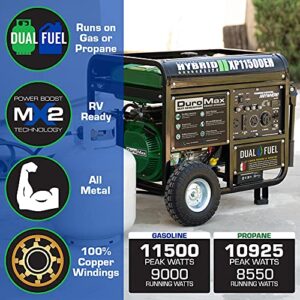 DuroMax XP11500EH Electric Start-Home Back Up & RV Ready, 50 State Approved Dual Fuel Portable Generator-11500 Watt Gas or Propane Powered, Green and Black