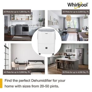 Whirlpool 40 Pint Portable Dehumidifier with 24-Hour Timer, Auto Shut-Off, Easy-Clean Filter, Auto-Restart, and Wheels, For Bathrooms, Basements, and Bedrooms