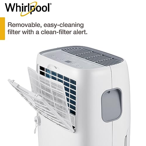 Whirlpool 40 Pint Portable Dehumidifier with 24-Hour Timer, Auto Shut-Off, Easy-Clean Filter, Auto-Restart, and Wheels, For Bathrooms, Basements, and Bedrooms