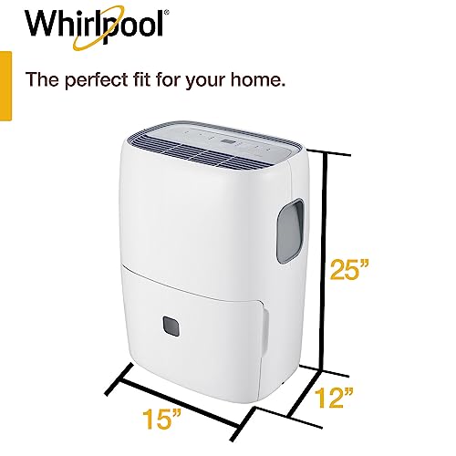 Whirlpool 40 Pint Portable Dehumidifier with 24-Hour Timer, Auto Shut-Off, Easy-Clean Filter, Auto-Restart, and Wheels, For Bathrooms, Basements, and Bedrooms