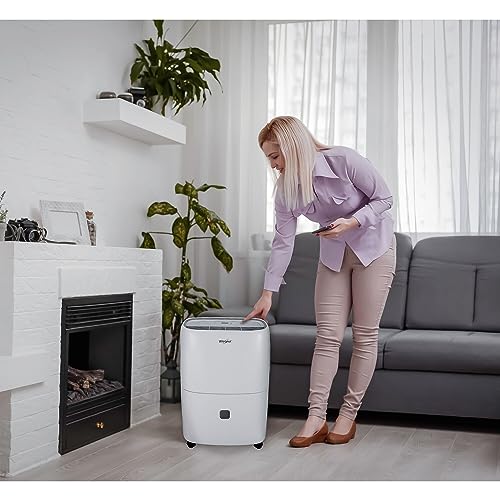 Whirlpool 40 Pint Portable Dehumidifier with 24-Hour Timer, Auto Shut-Off, Easy-Clean Filter, Auto-Restart, and Wheels, For Bathrooms, Basements, and Bedrooms