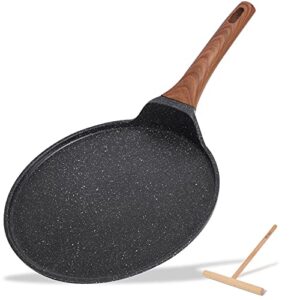 eslite life nonstick crepe pan with spreader, 11 inch granite coating flat skillet tawa dosa tortilla pan, compatible with all stovetops (gas, electric & induction), pfoa free, black