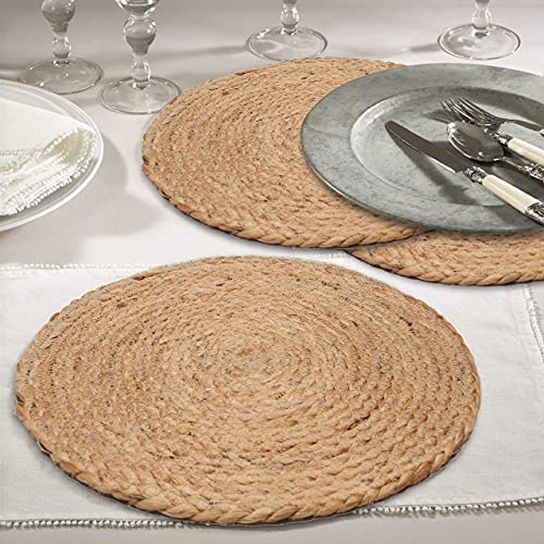 Farmhouse Jute Braided Placemat Set of 4 - Round Hand Beaded Charger Placemat -Hand Made by Skilled artisans - A Beautiful complement to Your Dinner Table décor - Natural - 13 Inch Round