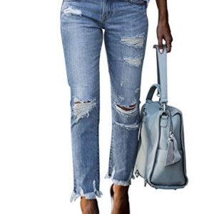 Sidefeel Women Distressed Raw Hem Washed Jeans Ripped Slim Fit Denim Pants Medium Sky Blue