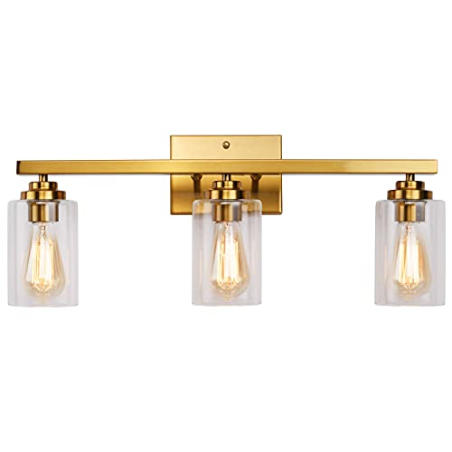 Bathroom Vanity Light, Wall Sconces 3 Lights Brass, Vintage Vanity Lighting Fixture, Over Mirror Light with Clear Glass Shades for Hallway, Kitchen, Living Room, Bedroom