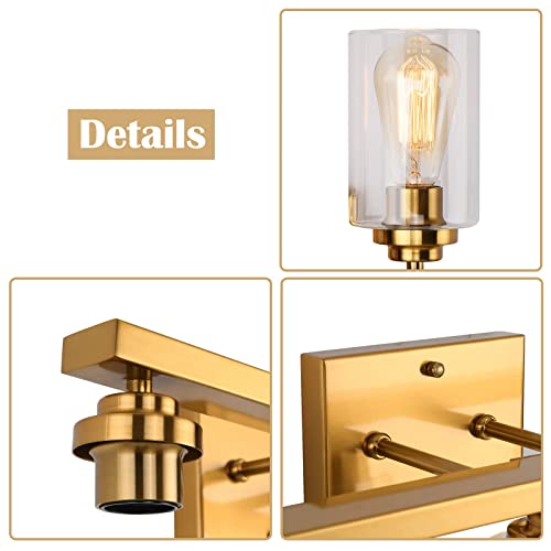 Bathroom Vanity Light, Wall Sconces 3 Lights Brass, Vintage Vanity Lighting Fixture, Over Mirror Light with Clear Glass Shades for Hallway, Kitchen, Living Room, Bedroom