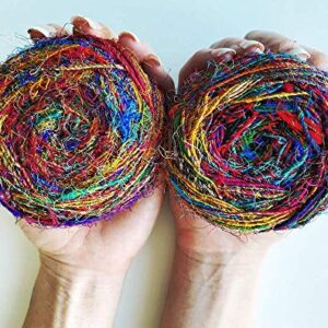 Revolution Fibers Recycled Sari Silk Yarn, Multi-Color Pure Silk Yarn, Made from Handspun Used Sari Fabric Ribbon Scraps, Rainbow Yarn for Knitting, Weaving & Crocheting 100 Grams per Ball (1-Ball)