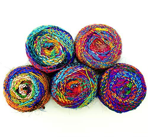 Revolution Fibers Recycled Sari Silk Yarn, Multi-Color Pure Silk Yarn, Made from Handspun Used Sari Fabric Ribbon Scraps, Rainbow Yarn for Knitting, Weaving & Crocheting 100 Grams per Ball (1-Ball)