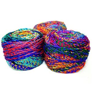 revolution fibers recycled sari silk yarn, multi-color pure silk yarn, made from handspun used sari fabric ribbon scraps, rainbow yarn for knitting, weaving & crocheting 100 grams per ball (2-pack)