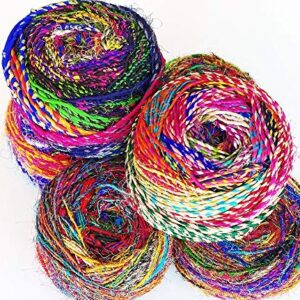 Revolution Fibers Recycled Sari Silk Yarn, Multi-Color Pure Silk Yarn, Made from Handspun Used Sari Fabric Ribbon Scraps, Rainbow Yarn for Knitting, Weaving & Crocheting 100 Grams per Ball (2-Pack)