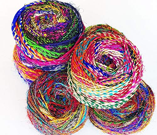 Revolution Fibers Recycled Sari Silk Yarn, Multi-Color Pure Silk Yarn, Made from Handspun Used Sari Fabric Ribbon Scraps, Rainbow Yarn for Knitting, Weaving & Crocheting 100 Grams per Ball (2-Pack)