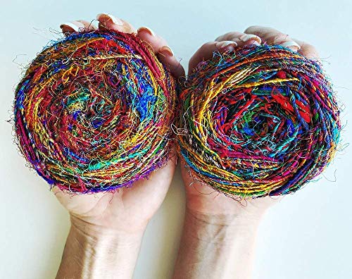 Revolution Fibers Recycled Sari Silk Yarn, Multi-Color Pure Silk Yarn, Made from Handspun Used Sari Fabric Ribbon Scraps, Rainbow Yarn for Knitting, Weaving & Crocheting 100 Grams per Ball (2-Pack)