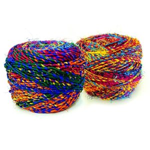 Revolution Fibers Recycled Sari Silk Yarn, Multi-Color Pure Silk Yarn, Made from Handspun Used Sari Fabric Ribbon Scraps, Rainbow Yarn for Knitting, Weaving & Crocheting 100 Grams per Ball (2-Pack)