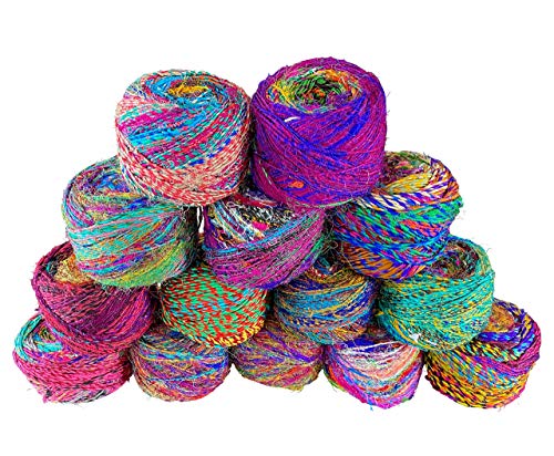 Revolution Fibers Recycled Sari Silk Yarn, Multi-Color Pure Silk Yarn, Made from Handspun Used Sari Fabric Ribbon Scraps, Rainbow Yarn for Knitting, Weaving & Crocheting 100 Grams per Ball (2-Pack)