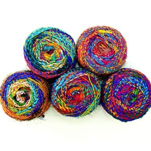 Revolution Fibers Recycled Sari Silk Yarn, Multi-Color Pure Silk Yarn, Made from Handspun Used Sari Fabric Ribbon Scraps, Rainbow Yarn for Knitting, Weaving & Crocheting 100 Grams per Ball (2-Pack)