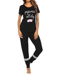 ekouaer womens pajamas lightweight pajama set short sleeve shirts long pants slastic waist with drawstring black gift for wife