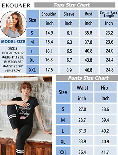 Ekouaer Womens Pajamas Lightweight Pajama Set Short Sleeve Shirts Long Pants Slastic Waist with Drawstring Black Gift for Wife