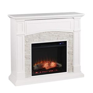 sei furniture seneca faux stacked stone electric fireplace with hidden media shelf, new crisp white