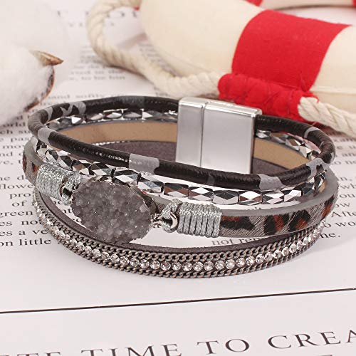 FANCY SHINY Leather Wrap Bracelet Boho Cuff Bracelets Crystal Bead Bracelet with Clasp Jewelry Gift for Women Teen Girls(7.7", Grey Leopard)