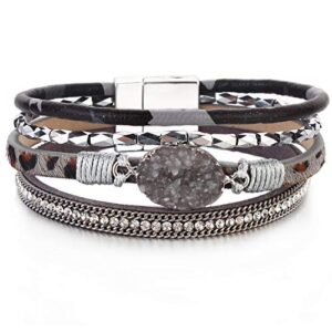 fancy shiny leather wrap bracelet boho cuff bracelets crystal bead bracelet with clasp jewelry gift for women teen girls(7.7", grey leopard)