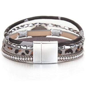 FANCY SHINY Leather Wrap Bracelet Boho Cuff Bracelets Crystal Bead Bracelet with Clasp Jewelry Gift for Women Teen Girls(7.7", Grey Leopard)