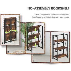 4NM No-Assembly Folding Bookshelf Storage Shelves 3 Tiers Vintage Bookcase Standing Racks Study Organizer Home Office (Rustic Brown and Black)