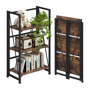 4nm no-assembly folding bookshelf storage shelves 3 tiers vintage bookcase standing racks study organizer home office (rustic brown and black)