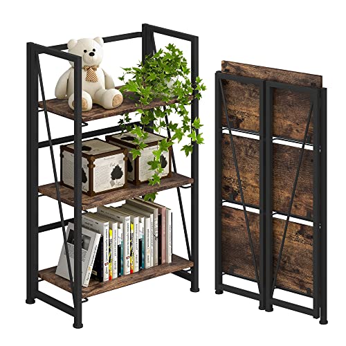 4NM No-Assembly Folding Bookshelf Storage Shelves 3 Tiers Vintage Bookcase Standing Racks Study Organizer Home Office (Rustic Brown and Black)