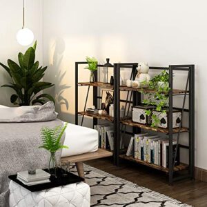 4NM No-Assembly Folding Bookshelf Storage Shelves 3 Tiers Vintage Bookcase Standing Racks Study Organizer Home Office (Rustic Brown and Black)