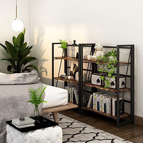 4NM No-Assembly Folding Bookshelf Storage Shelves 3 Tiers Vintage Bookcase Standing Racks Study Organizer Home Office (Rustic Brown and Black)