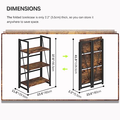 4NM No-Assembly Folding Bookshelf Storage Shelves 3 Tiers Vintage Bookcase Standing Racks Study Organizer Home Office (Rustic Brown and Black)