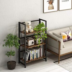 4NM No-Assembly Folding Bookshelf Storage Shelves 3 Tiers Vintage Bookcase Standing Racks Study Organizer Home Office (Rustic Brown and Black)