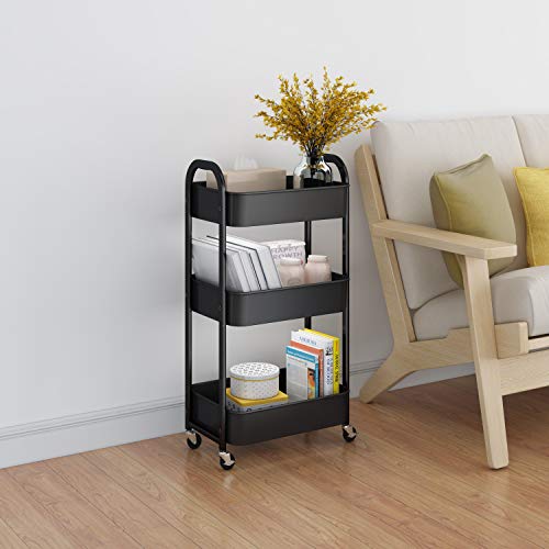 3-Tier Rolling Utility Cart with Caster Wheels,Easy Assembly, for Kitchen, Bathroom (Black)