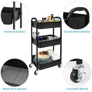 3-Tier Rolling Utility Cart with Caster Wheels,Easy Assembly, for Kitchen, Bathroom (Black)