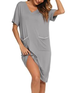 yya women's v neck nightgowns short sleeve loose sleepwear with pocket comfy nightshirt grey