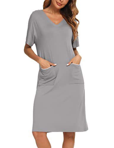 YYA Women's V Neck Nightgowns Short Sleeve Loose Sleepwear with Pocket Comfy Nightshirt Grey