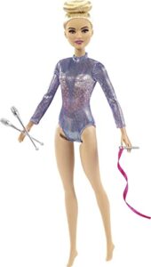 barbie rhythmic gymnast fashion doll with blonde hair & brown eyes, shimmery leotard, baton & ribbon accessories 12 inch