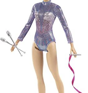 Barbie Rhythmic Gymnast Fashion Doll with Blonde Hair & Brown Eyes, Shimmery Leotard, Baton & Ribbon Accessories 12 Inch