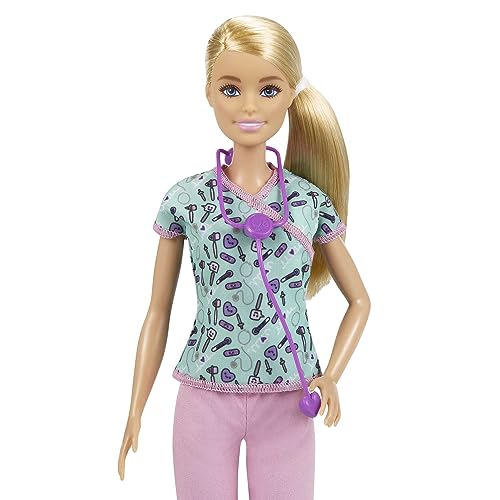 Barbie Nurse Fashion Doll with Medical Tool Print Top & Pink Pants, White Shoes & Stethoscope Accessory