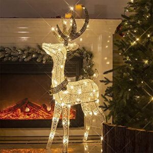 eambrite 48” 70lt pre-lit christmas glittering reindeer with gold jingle bell and twinkle light outdoor holiday mesh standing buck deer decorations for home lawn yard garden indoor outdoor plug in