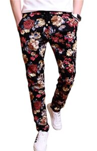 qzh.duao emaor floral printed casual pants slim fit flower trousers for men, black, us 40 = tag 6xl