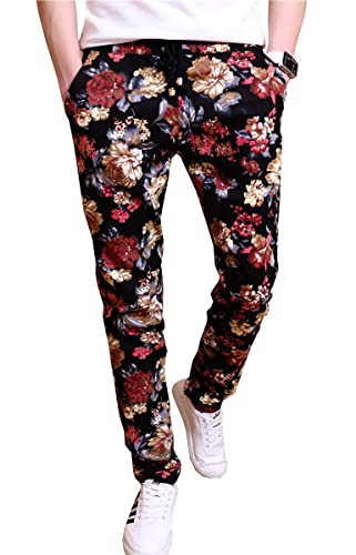 QZH.DUAO EMAOR Floral Printed Casual Pants Slim Fit Flower Trousers for Men, Black, US 40 = Tag 6XL