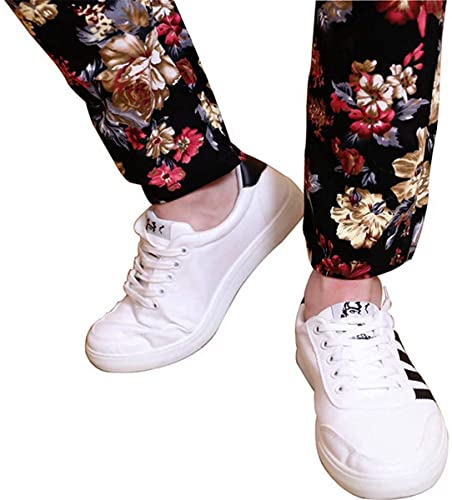 QZH.DUAO EMAOR Floral Printed Casual Pants Slim Fit Flower Trousers for Men, Black, US 40 = Tag 6XL